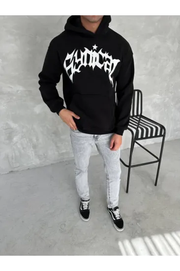 Unisex Üç İplik Kapşonlu Baskılı SweatShirt - Siyah Unisex Üç İplik Kapşonlu Baskılı SweatShirt - Siyah