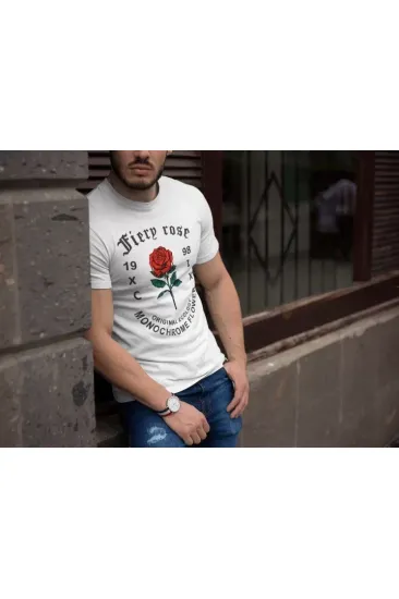 Erkek Bisiklet Yaka Baskılı Oversize T-Shirt - Beyaz Erkek Bisiklet Yaka Baskılı Oversize T-Shirt - Beyaz