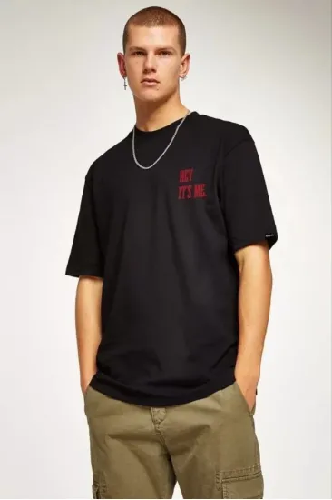 Unisex Bisiklet Yaka Oversize Baskılı T-Shirt - Siyah Unisex Bisiklet Yaka Oversize Baskılı T-Shirt - Siyah