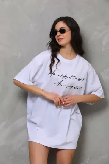 Unisex Bisiklet Yaka Baskılı Oversize T-Shirt - Beyaz Unisex Bisiklet Yaka Baskılı Oversize T-Shirt - Beyaz