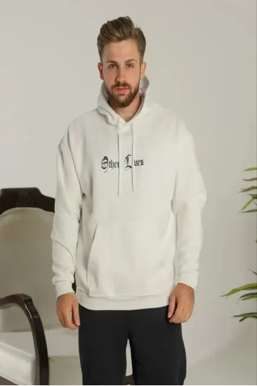 Erkek Sırt Baskılı Oversize Üç İplik Kapüşonlu Sweatshirt - Beyaz Erkek Sırt Baskılı Oversize Üç İplik Kapüşonlu Sweatshirt - Beyaz