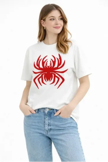 Örümcek Baskılı Tişört Kısa Kollu Bisiklet Yaka T-Shirt - Beyaz Örümcek Baskılı Tişört Kısa Kollu Bisiklet Yaka T-Shirt - Beyaz