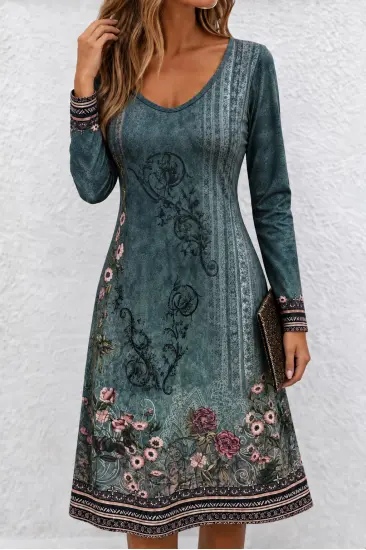 Kadın Uzun Kollu V Yakalı çiçek Desenli Midi Süprem Elbise Kadın Uzun Kollu V Yakalı çiçek Desenli Midi Süprem Elbise
