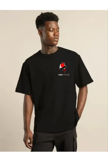Unisex Bisiklet Yaka Baskılı Oversize T-Shirt - Siyah Unisex Bisiklet Yaka Baskılı Oversize T-Shirt - Siyah