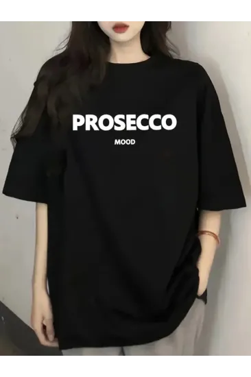 Baskılı Oversize Bisiklet Yaka T-shirt - Siyah Baskılı Oversize Bisiklet Yaka T-shirt - Siyah