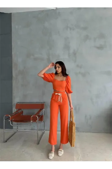 KETEN CROP KARPUZ KOL BLUZ-PANTOLON HASIR KEMERLİ - Orange