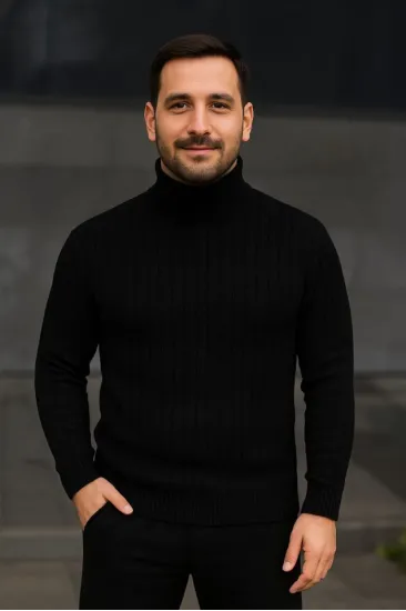 Erkek Balıkcı Yaka Bağazlı Triko Kazak Pamuklu Kalın Fitilli Dokuma, Regular Fit Uzun Kollu Kışlık Model - Siyah Erkek Balıkcı Yaka Bağazlı Triko Kazak Pamuklu Kalın Fitilli Dokuma, Regular Fit Uzun Kollu Kışlık Model - Siyah