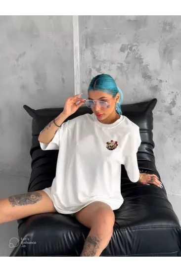 Unisex Bisiklet Yaka Baskılı Oversize T-Shirt - Beyaz