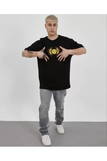 Unisex Bisiklet Yaka Baskılı Oversize T-Shirt - Siyah