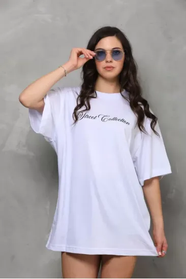 Unisex Bisiklet Yaka Baskılı Oversize T-Shirt - Beyaz Unisex Bisiklet Yaka Baskılı Oversize T-Shirt - Beyaz