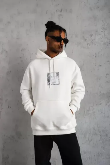 Erkek Ön Arka Baskılı Kapşonlu Sweat - Beyaz Erkek Ön Arka Baskılı Kapşonlu Sweat - Beyaz