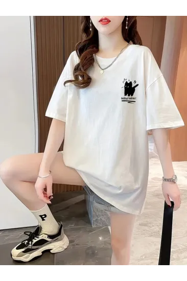 Baskılı Oversize Bisiklet Yaka T-shirt - Beyaz Baskılı Oversize Bisiklet Yaka T-shirt - Beyaz