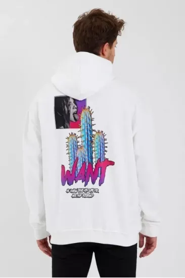 Erkek Baskılı Üç İplik Kapüşonlu Oversize Sweatshirt - Beyaz Erkek Baskılı Üç İplik Kapüşonlu Oversize Sweatshirt - Beyaz
