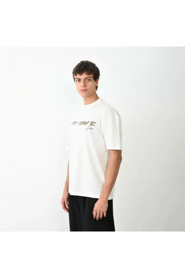 Unisex Bisiklet Yaka Baskılı Oversize T-Shirt - Beyaz Unisex Bisiklet Yaka Baskılı Oversize T-Shirt - Beyaz