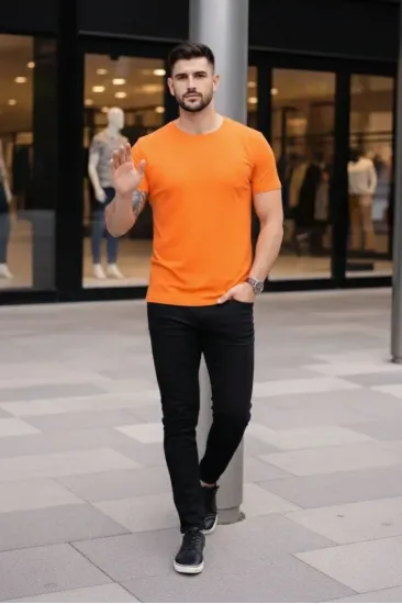 Erkek T-Shirt Bisiklet Yaka Slim Fit Dar Kesim Likralı Tişört Günlük Basic Body - Turuncu Erkek T-Shirt Bisiklet Yaka Slim Fit Dar Kesim Likralı Tişört Günlük Basic Body - Turuncu