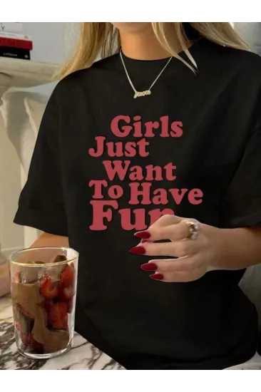Baskılı Oversize T-shirt - Siyah