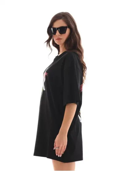 Unisex Bisiklet Yaka Baskılı Oversize T-Shirt - Siyah Unisex Bisiklet Yaka Baskılı Oversize T-Shirt - Siyah