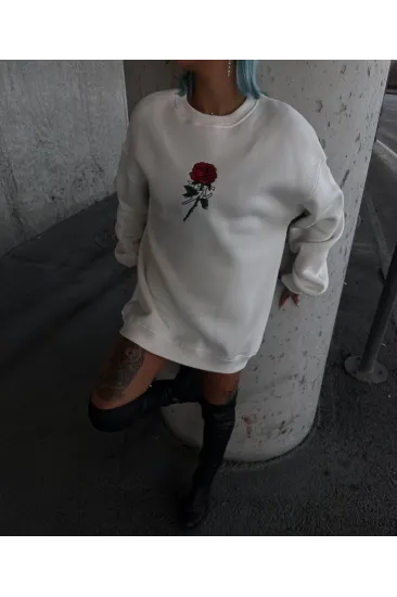 Oversize Üç İplik Bisiklet Yaka Baskılı SweatShirt - Beyaz