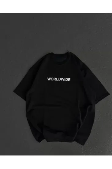 Unisex Bisiklet Yaka Baskılı Oversize T-Shirt - Siyah