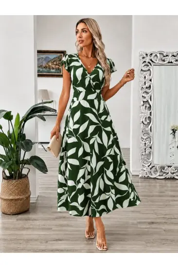 Kadın Kısa Kollu Kruvaze Yakalı Desenli Uzun Süprem Elbise Kadın Kısa Kollu Kruvaze Yakalı Desenli Uzun Süprem Elbise