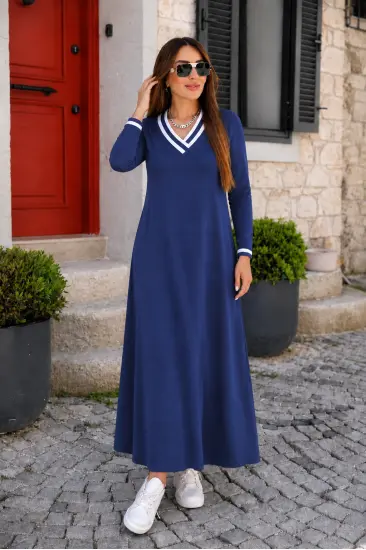 Kadın Uzun Kollu V Yakalı Cepli Uzun Viskon Iki Iplik Elbise Kadın Uzun Kollu V Yakalı Cepli Uzun Viskon Iki Iplik Elbise