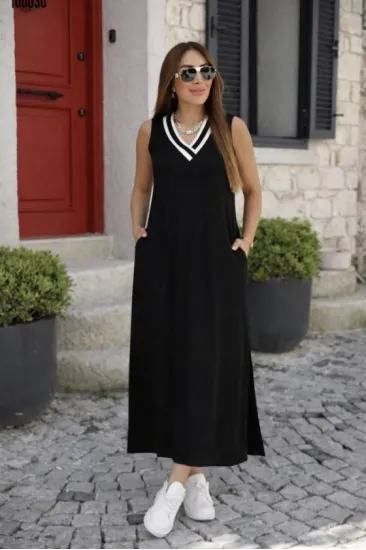 Kadın Kolsuz V Ribana Yakalı Cepli Uzun Viskon Iki Iplik Elbise Kadın Kolsuz V Ribana Yakalı Cepli Uzun Viskon Iki Iplik Elbise