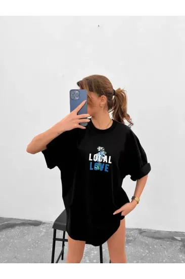 Unisex Bisiklet Yaka Baskılı Oversize T-Shirt - Siyah