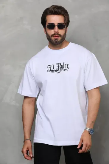 Unisex Bisiklet Yaka Baskılı Oversize T-Shirt - Beyaz