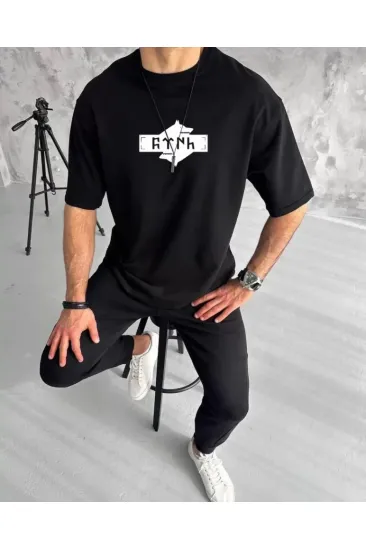 Unisex Bisiklet Yaka Baskılı Double Oversize T-Shirt - Siyah Unisex Bisiklet Yaka Baskılı Double Oversize T-Shirt - Siyah