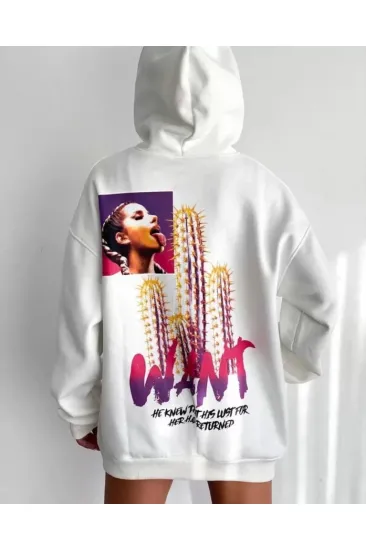 Baskılı Üç İplik Kapüşonlu Oversize Sweatshirt - Beyaz