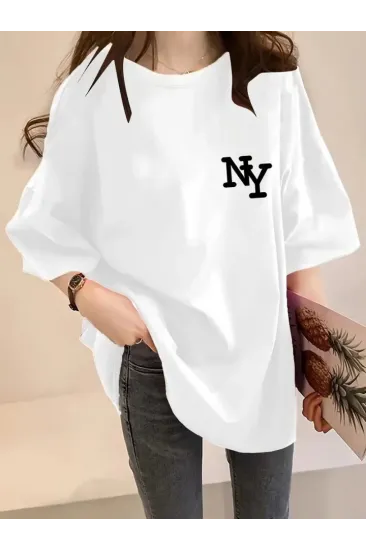 Baskılı Oversize Bisiklet Yaka T-shirt - Beyaz Baskılı Oversize Bisiklet Yaka T-shirt - Beyaz