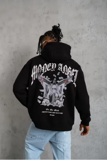 Erkek Kordon İpli Baskılı Kapüşonlu Sweatshirt - Siyah Erkek Kordon İpli Baskılı Kapüşonlu Sweatshirt - Siyah