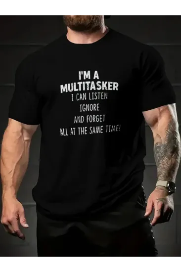 Baskılı Oversize Bisiklet Yaka T-shirt - Siyah