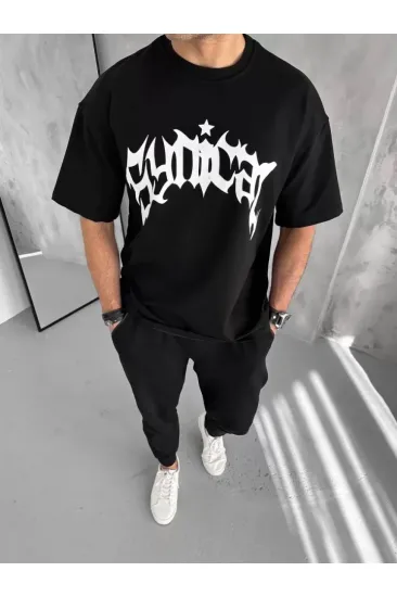 Unisex Bisiklet Yaka Baskılı Oversize T-Shirt - Siyah Unisex Bisiklet Yaka Baskılı Oversize T-Shirt - Siyah