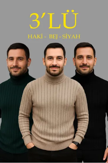 Erkek Fitilli Triko Kazak 3lÜ Set Bej Haki Siyah Regular Balıkcı Yaka Tam Boğazlı Triko Seti Modeli Kazak Erkek Fitilli Triko Kazak 3lÜ Set Bej Haki Siyah Regular Balıkcı Yaka Tam Boğazlı Triko Seti Modeli Kazak