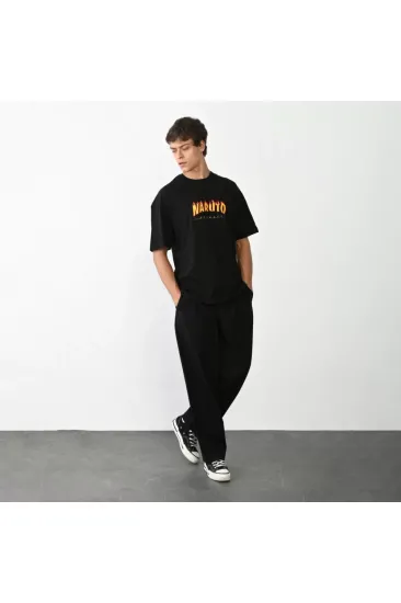 Unisex Bisiklet Yaka Baskılı Oversize T-Shirt - Siyah Unisex Bisiklet Yaka Baskılı Oversize T-Shirt - Siyah