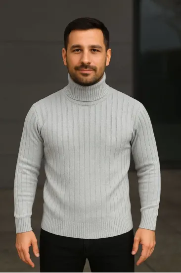 Erkek Balıkcı Yaka Bağazlı Triko Kazak Pamuklu Kalın Fitilli Dokuma, Regular Fit Uzun Kollu Kışlık Model - Gri Erkek Balıkcı Yaka Bağazlı Triko Kazak Pamuklu Kalın Fitilli Dokuma, Regular Fit Uzun Kollu Kışlık Model - Gri