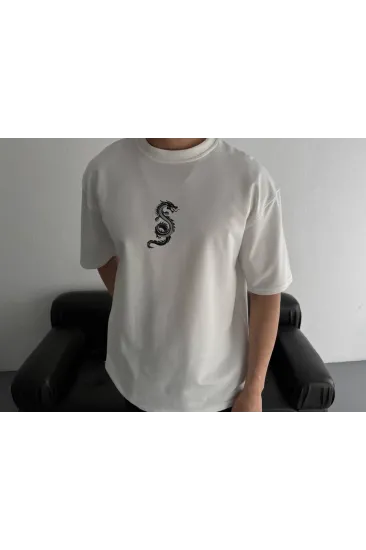 Baskılı Oversize Bisiklet Yaka T-shirt - Beyaz Baskılı Oversize Bisiklet Yaka T-shirt - Beyaz