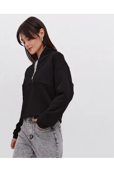 Oversize Yarım Farmuarlı Yakalı Basic SweatShirt - Siyah