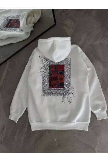 Uzun Kol Kapşonlu Ön Ve Arka Baskılı SweatShirt - Beyaz Uzun Kol Kapşonlu Ön Ve Arka Baskılı SweatShirt - Beyaz