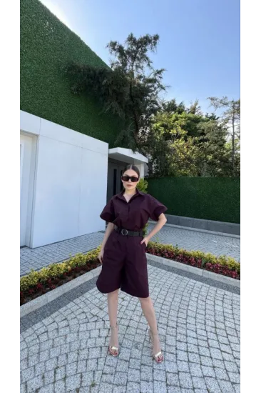 Yakalı Gömlek Kemerli Şortlu Takım - Bordo Yakalı Gömlek Kemerli Şortlu Takım - Bordo