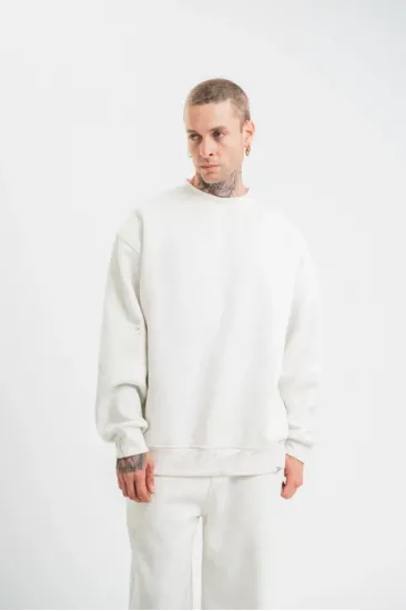 Unisex Uzun Kol Bisiklet Yaka Yıkamalı SweatShirt - Beyaz Unisex Uzun Kol Bisiklet Yaka Yıkamalı SweatShirt - Beyaz