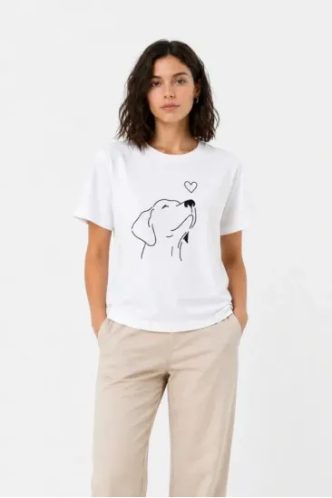 Köpek Figürlü Minimal Baskılı Tişört Kısa Kol Yazlık T-Shirt - Beyaz Köpek Figürlü Minimal Baskılı Tişört Kısa Kol Yazlık T-Shirt - Beyaz