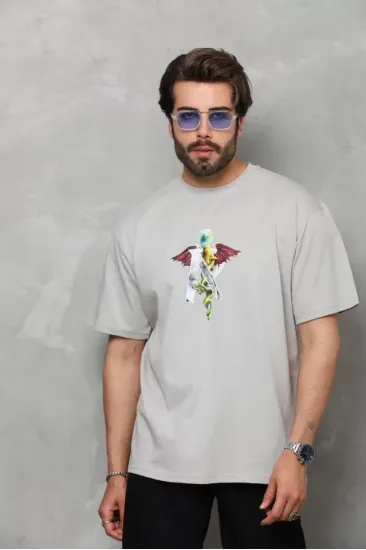 Unisex Bisiklet Yaka Baskılı Oversize T-Shirt - Gri Unisex Bisiklet Yaka Baskılı Oversize T-Shirt - Gri