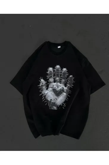 Unisex Bisiklet Yaka Baskılı Oversize T-Shirt - Siyah