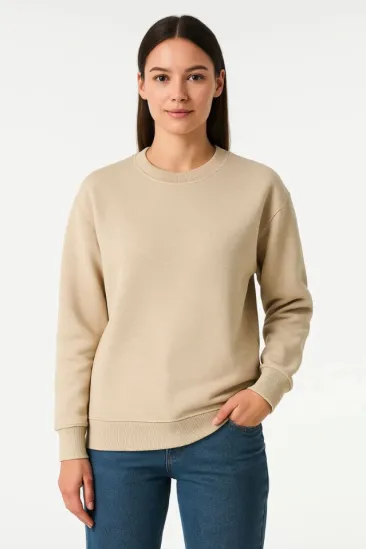 Üç İplik Düz Bisiklet Yaka SweatShirt - Bej Üç İplik Düz Bisiklet Yaka SweatShirt - Bej