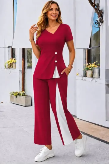 Kadın Kısa Kollu Asimetrik V Yakalı Yandan Düğmeli Janjankrep Bluz Ve Pantolon Ikili Takım Kadın Kısa Kollu Asimetrik V Yakalı Yandan Düğmeli Janjankrep Bluz Ve Pantolon Ikili Takım