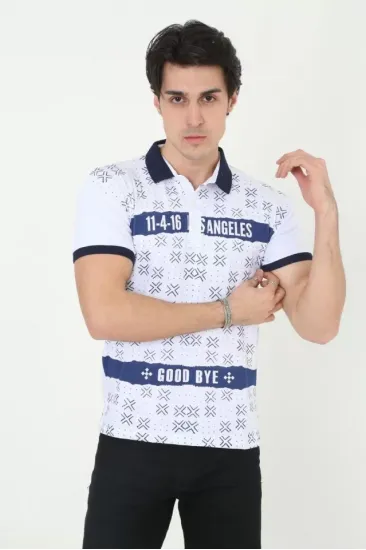 Erkek Yakalı Slim Fit Baskılı T-Shirt - Beyaz Erkek Yakalı Slim Fit Baskılı T-Shirt - Beyaz