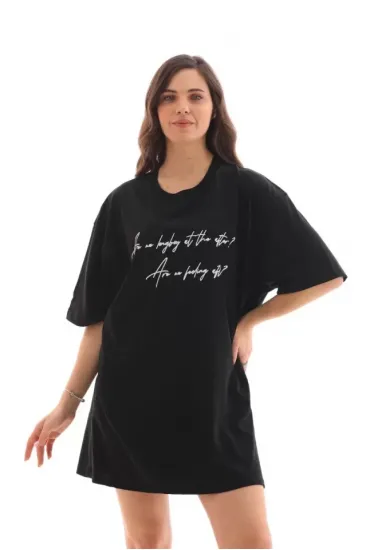 Unisex Bisiklet Yaka Baskılı Oversize T-Shirt - Siyah Unisex Bisiklet Yaka Baskılı Oversize T-Shirt - Siyah