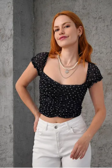 Puantiyeli Belden Oturtmalı Tül Siyah Bluz Puantiyeli Belden Oturtmalı Tül Siyah Bluz